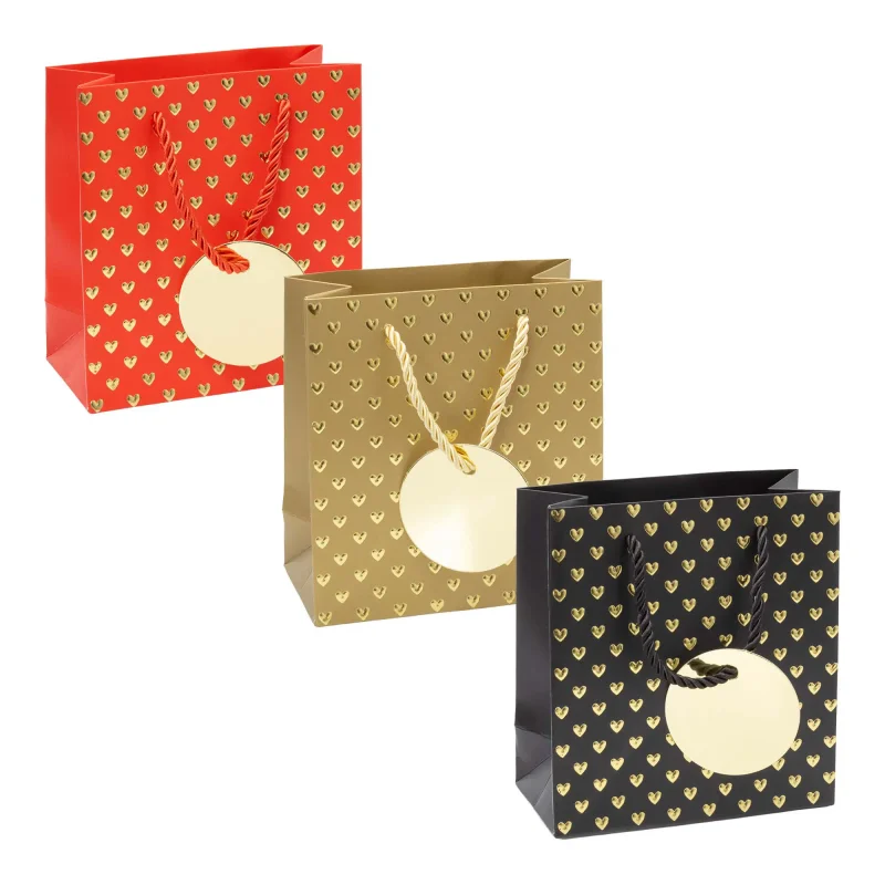 Sacola de Papel Corações Dourados com Etiqueta - Pacote com 10 unidades - Tamanho P Atacado para Revenda