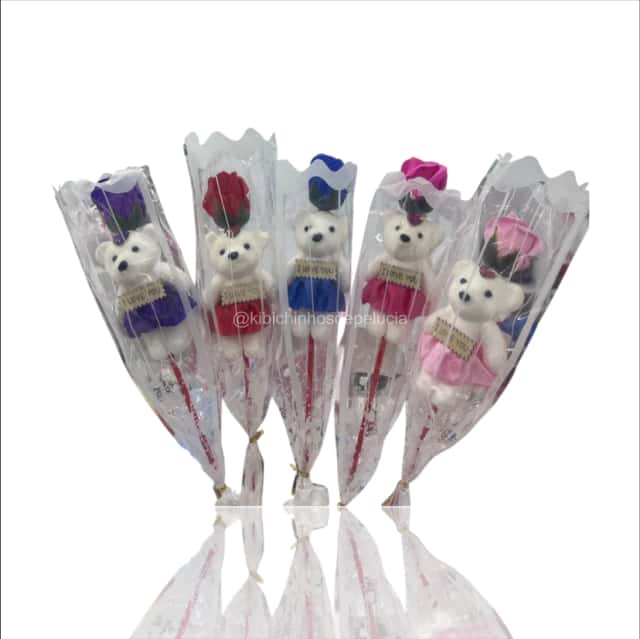 Kit 10 Peças Flor Artificial com Ursinho 40cm Atacado